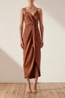 Shona Joy LUXE TIE FRONT COCKTAIL DRESS - MOCHA DRESSES