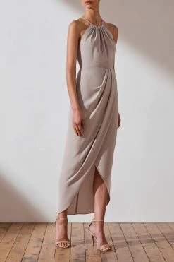Shona Joy CORE HIGH NECK RUCHED DRESS - OYSTER 7 Shona Joy CORE HIGH NECK RUCHED DRESS - OYSTER