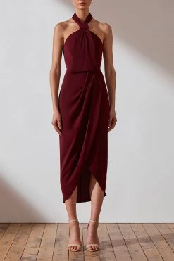 Shona Joy CORE KNOT DRAPED DRESS - BURGUNDY