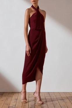 Shona Joy CORE KNOT DRAPED DRESS - BURGUNDY