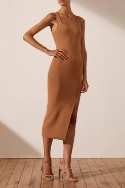 Shona Joy DRESSES BASIC SQUARE NECK MIDI DRESS - TAN