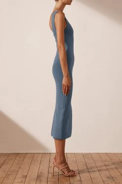 Shona Joy BASIC SQUARE NECK MIDI DRESS - BLUE SMOKE DRESSES