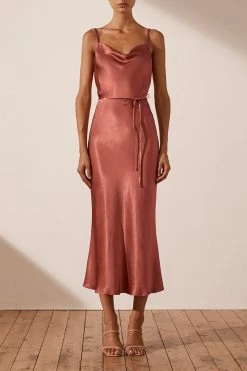 Shona Joy LA LUNE BIAS COWL MIDI DRESS - TERRACOTTA DRESSES