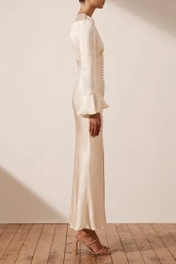 Shona Joy DRESSES LA LUNE FRILL CUFF BIAS MIDI DRESS - CREAM