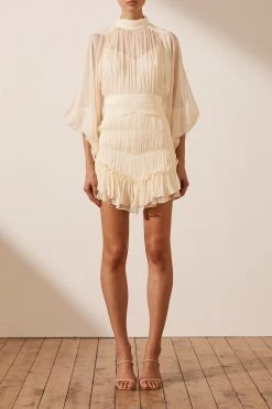 Shona Joy VICTORIA LONG SLEEVE RUCHED MINI DRESS - CREAM