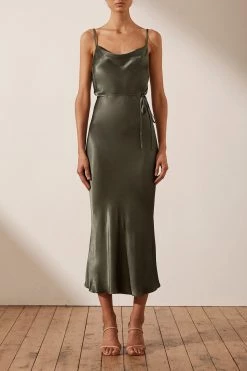 Shona Joy LA LUNE BIAS COWL MIDI DRESS - OLIVE