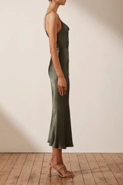 Shona Joy LA LUNE BIAS COWL MIDI DRESS - OLIVE