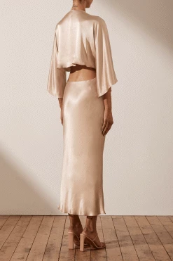 Shona Joy DRESSES LA LUNE TIE FRONT BIAS MIDI DRESS - GOLD