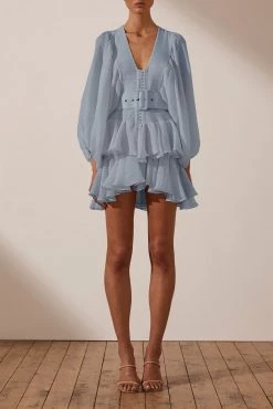 Shona Joy DRESSES CHARLOTTE PLUNGED DRAPED MINI DRESS - BLUE SMOKE