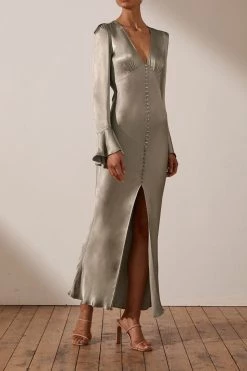 Shona Joy LA LUNE FRILL CUFF BIAS MIDI DRESS - SAGE DRESSES