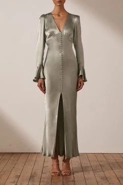 Shona Joy LA LUNE FRILL CUFF BIAS MIDI DRESS - SAGE DRESSES
