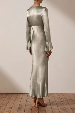 Shona Joy LA LUNE FRILL CUFF BIAS MIDI DRESS - SAGE DRESSES