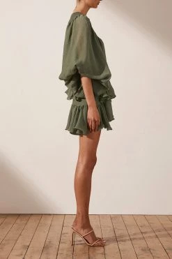 Shona Joy DRESSES CHARLOTTE PLUNGED DRAPED MINI DRESS - KHAKI