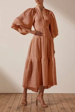Shona Joy CHARLOTTE HIGH NECK MIDI DRESS - DESERT ROSE DRESSES