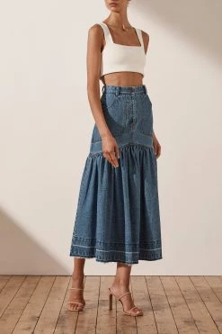 Shona Joy SKIRTS EMILY FIT AND FLARE MIDI SKIRT - INDIGO