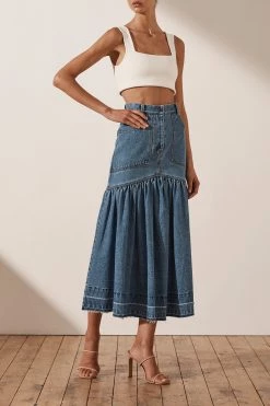 Shona Joy SKIRTS EMILY FIT AND FLARE MIDI SKIRT - INDIGO