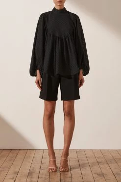 Shona Joy POPPY HIGH NECK BALLOON SLEEVE BLOUSE - BLACK TOPS