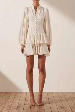 Shona Joy MILA BALLOON SLEEVE FRILL MINI DRESS - TOFU DRESSES