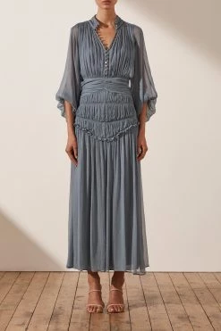 Shona Joy KAYLA BUTTON UP RUCHED MIDI DRESS - BLUE SMOKE
