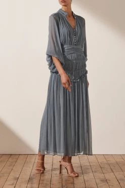 Shona Joy KAYLA BUTTON UP RUCHED MIDI DRESS - BLUE SMOKE