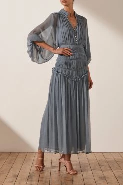 Shona Joy KAYLA BUTTON UP RUCHED MIDI DRESS - BLUE SMOKE