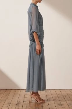 Shona Joy KAYLA BUTTON UP RUCHED MIDI DRESS - BLUE SMOKE