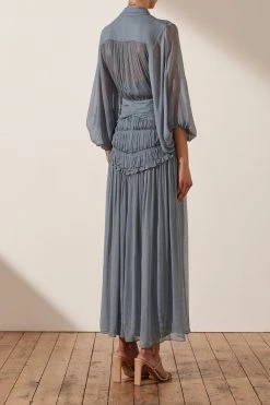 Shona Joy KAYLA BUTTON UP RUCHED MIDI DRESS - BLUE SMOKE