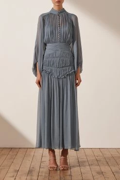 Shona Joy KAYLA BUTTON UP RUCHED MIDI DRESS - BLUE SMOKE