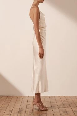 Shona Joy LA LUNE ASYMMETRICAL BIAS COWL MIDI DRESS - CREAM