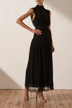 Shona Joy CLEMENCE HIGH NECK MIDI DRESS - BLACK DRESSES