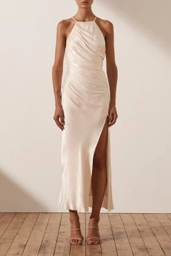 Shona Joy DRESSES LA LUNE GATHERED SQUARE NECK BIAS MIDI DRESS - CREAM