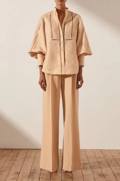 Shona Joy JOIA LINEN PIN TUCK TUXEDO SHIRT - BISCUIT TOPS