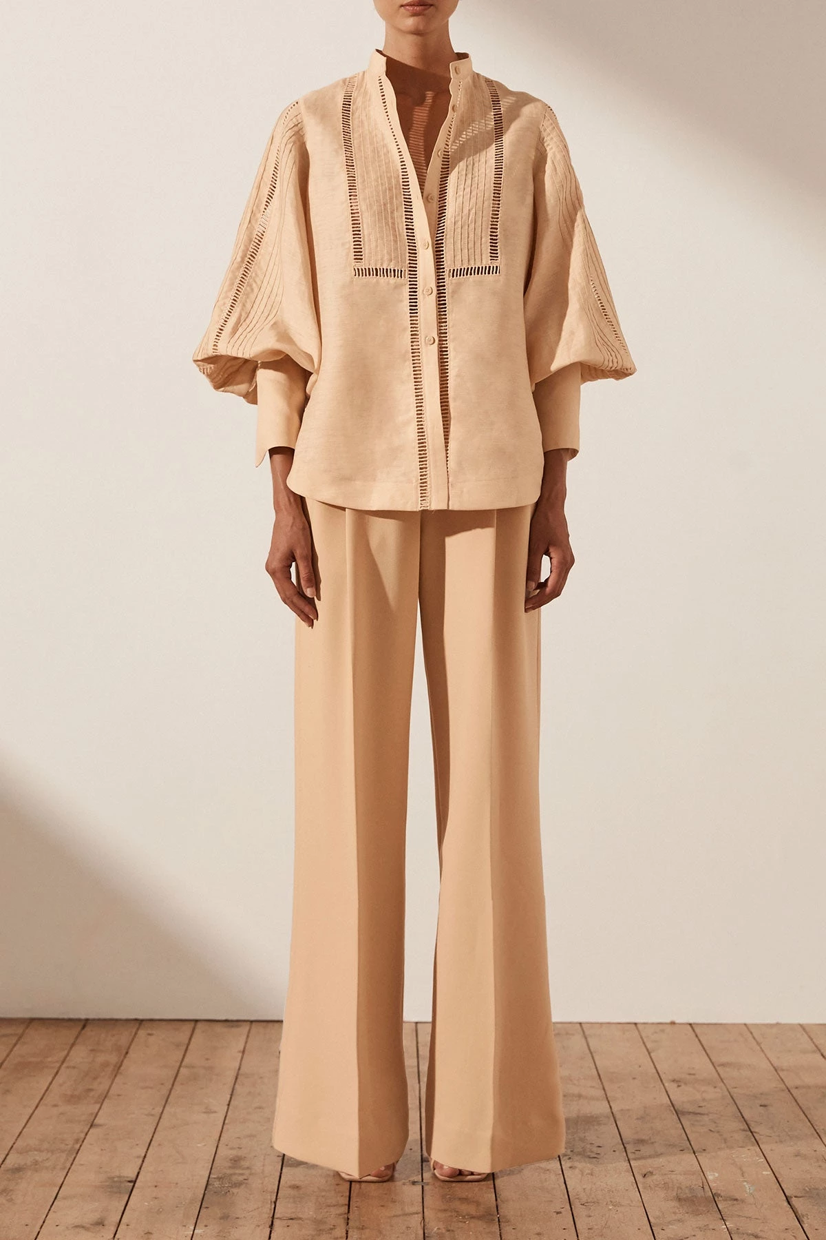 Shona Joy JOIA LINEN PIN TUCK TUXEDO SHIRT - BISCUIT TOPS 2 Shona Joy JOIA LINEN PIN TUCK TUXEDO SHIRT - BISCUIT TOPS