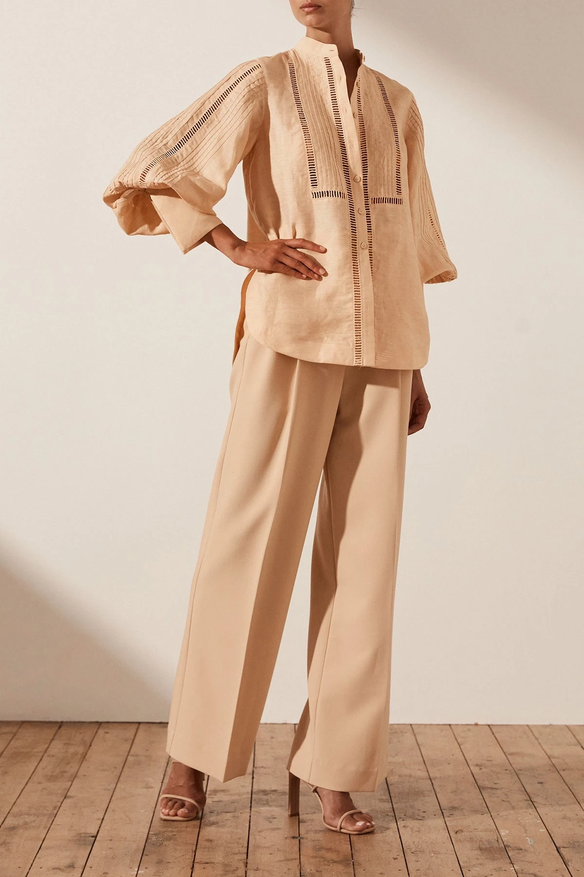 Shona Joy JOIA LINEN PIN TUCK TUXEDO SHIRT - BISCUIT TOPS 4 Shona Joy JOIA LINEN PIN TUCK TUXEDO SHIRT - BISCUIT TOPS