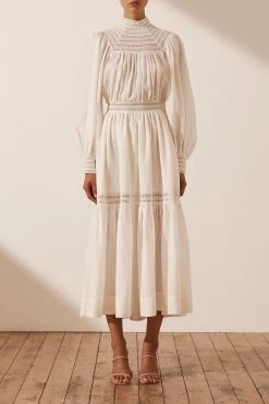 Shona Joy DRESSES LOLA LINEN HIGH NECK BALLOON SLEEVE MIDI DRESS - RICE
