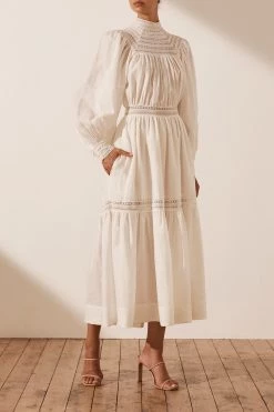 Shona Joy DRESSES LOLA LINEN HIGH NECK BALLOON SLEEVE MIDI DRESS - RICE