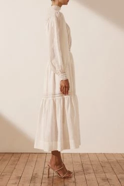 Shona Joy DRESSES LOLA LINEN HIGH NECK BALLOON SLEEVE MIDI DRESS - RICE