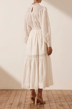 Shona Joy DRESSES LOLA LINEN HIGH NECK BALLOON SLEEVE MIDI DRESS - RICE