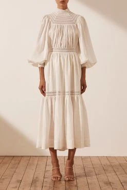 Shona Joy DRESSES LOLA LINEN HIGH NECK BALLOON SLEEVE MIDI DRESS - RICE