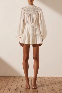Shona Joy LOLA LINEN HIGH NECK BALLOON SLEEVE MINI DRESS - RICE