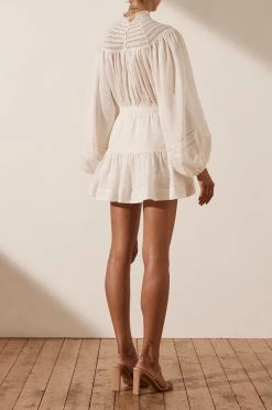 Shona Joy LOLA LINEN HIGH NECK BALLOON SLEEVE MINI DRESS - RICE