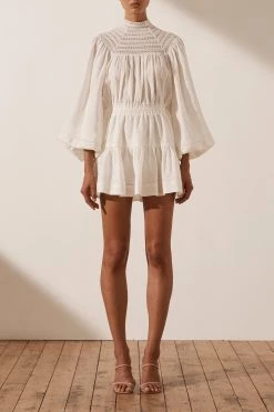 Shona Joy LOLA LINEN HIGH NECK BALLOON SLEEVE MINI DRESS - RICE