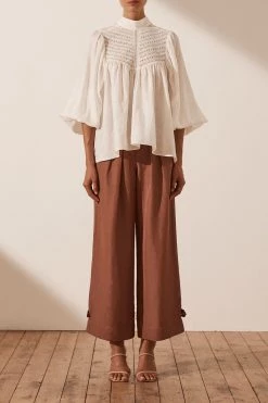 Shona Joy LOLA LINEN HIGH NECK BALLOON SLEEVE BLOUSE - RICE