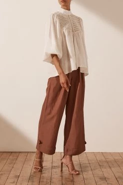 Shona Joy LOLA LINEN HIGH NECK BALLOON SLEEVE BLOUSE - RICE