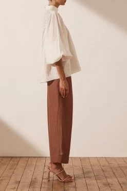 Shona Joy LOLA LINEN HIGH NECK BALLOON SLEEVE BLOUSE - RICE
