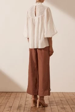 Shona Joy LOLA LINEN HIGH NECK BALLOON SLEEVE BLOUSE - RICE