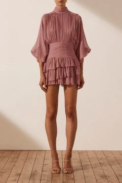Shona Joy OLYMPIA LONG SLEEVE RUCHED MINI DRESS - ANTIQUE ROSE DRESSES
