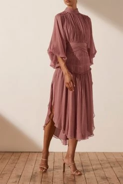 Shona Joy OLYMPIA LONG SLEEVE OPEN BACK MIDI DRESS - ANTIQUE ROSE DRESSES
