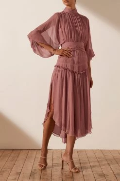 Shona Joy OLYMPIA LONG SLEEVE OPEN BACK MIDI DRESS - ANTIQUE ROSE DRESSES