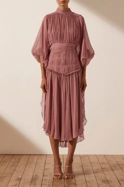 Shona Joy OLYMPIA LONG SLEEVE OPEN BACK MIDI DRESS - ANTIQUE ROSE DRESSES